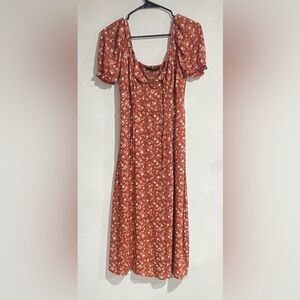 Rust Floral Maxi Dress with Puff Sleeves